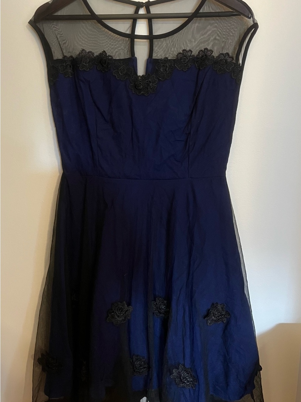 Navy Mesh Overlay Fit & Flare Dress with Floral Appliqué